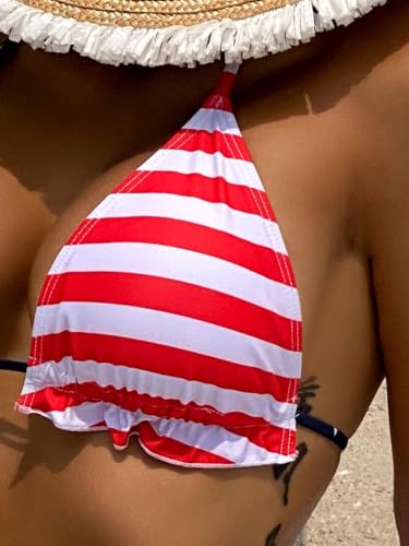 Image of Women American Flag 7th of July Triangle Halter Thong Bikini Set Ruffle Sexy String Two Piece Swimsuit Bathing Swimwear