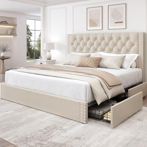 Image of LARMACE King Size Bed Frame with 4 Storage Drawers and Tufted Headboard Linen Upholstered Platform Bed Frame with Heavy Duty Wood Slats, No Box Spring Needed, Easy Assembly, Beige