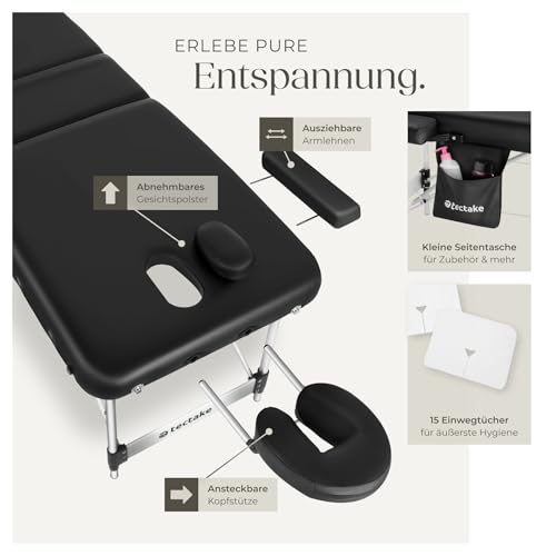 tectake® Massageliege 3 Zonen, Massagetisch, Massageliege klappbar, höhenverstellbare Aluminium Massageliege, Massagebett tragbar inkl. Zubehör, Kopfstütze, Armlehne, Tragetasche - schwarz 3
