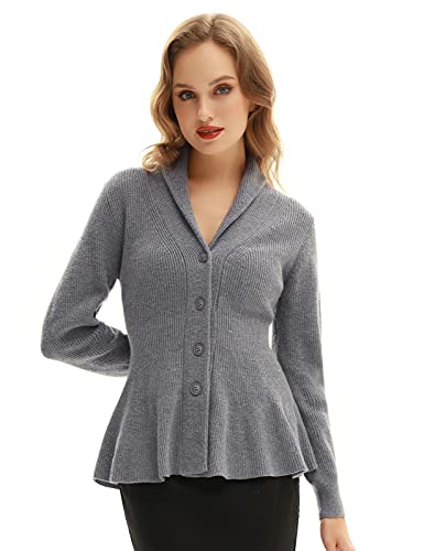 Women's Peplum Hem Sweater Elegant Cardigan Sweater Button Up Vintage Cable Knitted Sweater (Grey, L) #TOP4