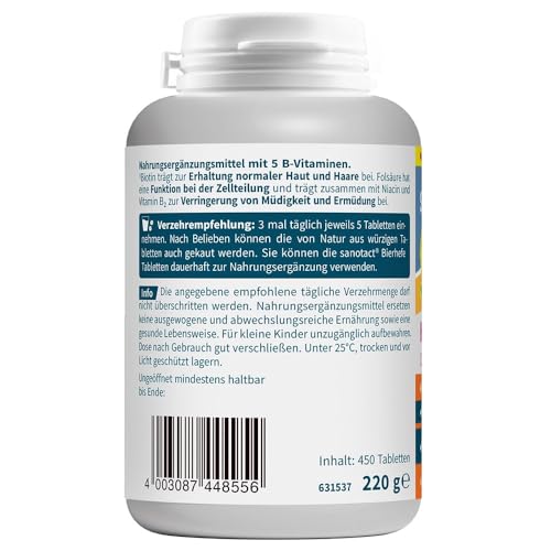 sanotact Bierhefe Tabletten 400 Tabletten • 100% natürliche Bierhefe vegan • Mit Biotin für schöne Haare & gesunde Haut • 6 B-Vitaminen • Auch für Hunde geeignet • Hefetabletten