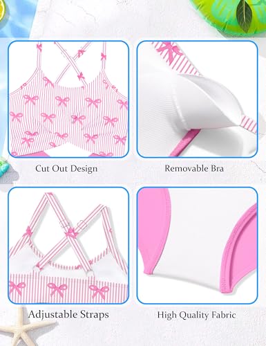 Image of Girl Swimsuit One Piece Cutout Ruched Bathing Suit for Girls Color Block Adjustable Straps Pad Swimwear 9-18y