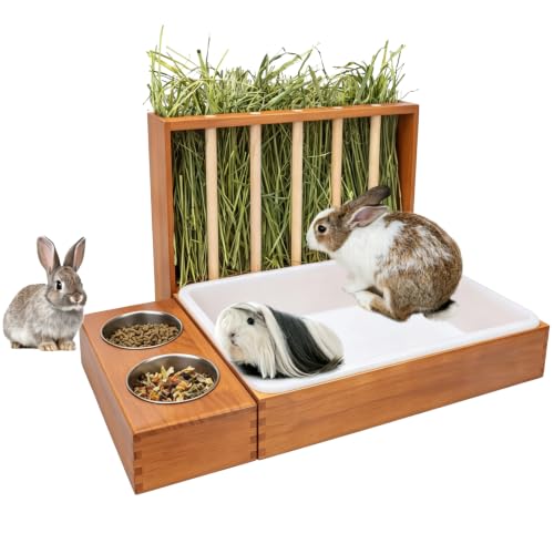 BESNEW 3-in-1 Rabbit Hay Feeder with Litter Box,Upgraded Rot Resistant Rreatment Wooden Hay Feeder with 2 Bowls & Litter Box for Guinea Pigs,Chinchillas,Rabbits & Other Small Animals,Waste Prevention