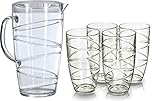 FiNeWaY Set of 5 Swirl Plastic Acrylic Drink Tumblers Glasses Hi Ball Glass with 2L Pitcher Jug with Lid Party Picnic BBQ Camping Garden (5pc Clear Set)