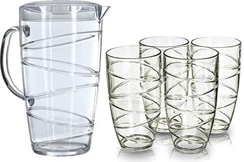 FiNeWaY Set of 5 Swirl Plastic Acrylic Drink Tumblers Glasses Hi Ball Glass with 2L Pitcher Jug with Lid Party Picnic BBQ Camping Garden (5pc Clear Set)