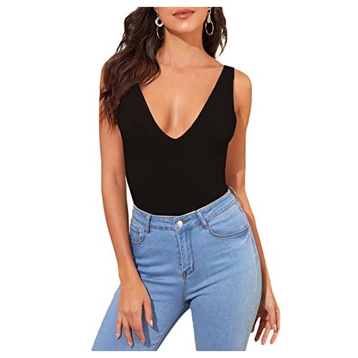 Verdusa Women's Casual Double V Neck Slim Fitted Basic Tank Top Black M
