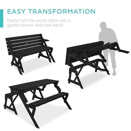 Image of Best Choice Products 2-in-1 Transforming Interchangeable Outdoor Wooden Picnic Table Garden Bench for Backyard, Porch, Patio, Deck w /Umbrella Hole - Black