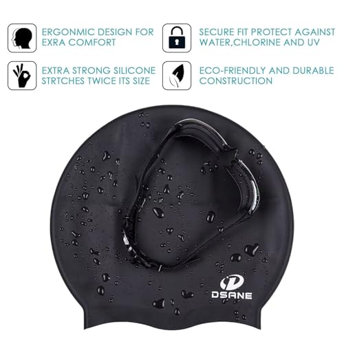 Dsane Extra Large Swimming Cap for Women and Men,Special Design Swim Cap for Very Long Thick Curly Hair&Dreadlocks Weaves Braids Afros Silicone Keep Your Hair Dry(Black/XL)