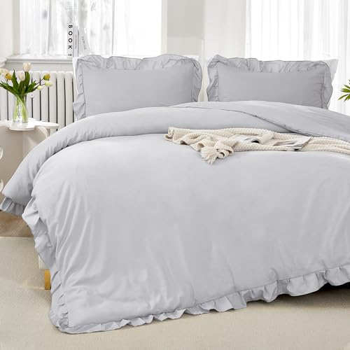 Image of Litanika Light Grey Full Size Comforter Sets, 3 Pieces Ruffle Farmhouse Aesthetic Bedding Comforter Sets, All Season Soft Lightweight Fluffy Microfiber Bed Set(79x90In Comforter, 2 Pillowcases)