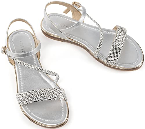 Intini Womens Casual Strappy Sandals Flexible One Band Open Toes Ankle Strap Summer Flat Sandals Silver. Size 8 M Us. 40 Eu #TOP1