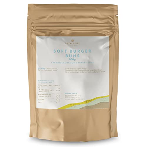 Royal Spice Soft Burger Buns Backmischung 800g - Soft & fluffig - Burger Brötchen & Hot Dog Brötchen Schnell und Einfach selbst herstellen - Nicht zu dominant im Geschmack, absolut locker und leicht!