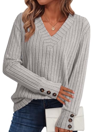 Image of Dokotoo Womens Tops V Neck Lightweight Sweater Fall Long Sleeve Top 2026 | Decorative Buttons, Soft Breathable Knit Material, Pullover Tunic Tops, Business Casual, Fall Outfits, Winter Clothing 2026