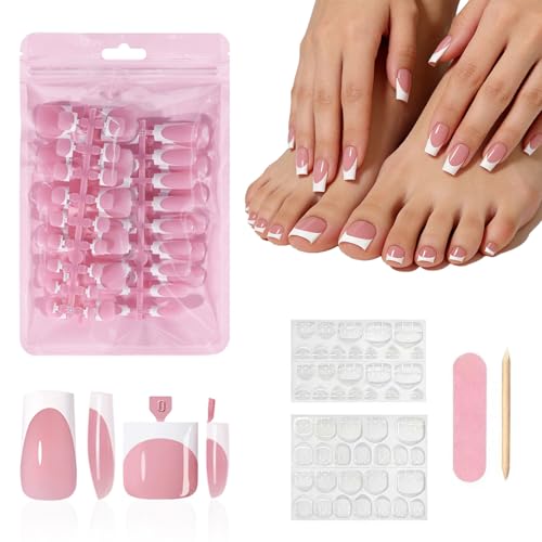 YeeLam Press on Nails & Toenails 60Pcs 2-in-1 Glossy White French Tip