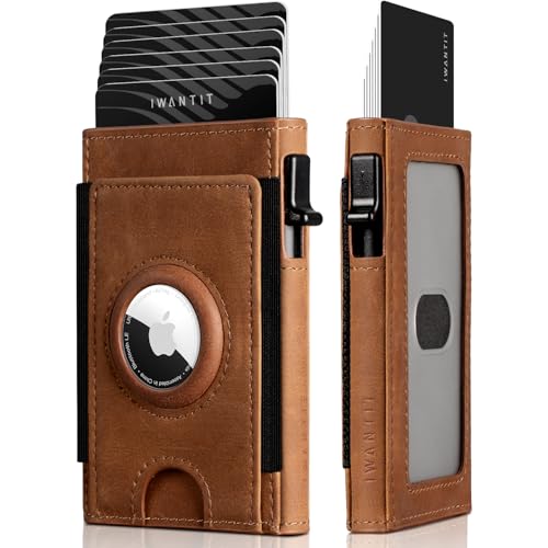 Airtag Wallet for Men, Slim Minimalist Mens Wallet with AirTag Holder, Front Pocket Smart Pop Up Air Tag Wallet Credit Card Holder with ID Window, RFID Blocking Gifts for Men(Brown)