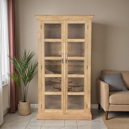 Image of The Attic Havenwood Wooden Bookshelf and Crockery Cabinet with Glass Door | Wooden Book Rack for Home Library, Study Room | Bookshelf Crockery Unit for Home & Kitchen Living Room | Natural Finish