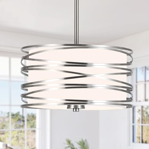 ACNKTZ 12.6 Brushed Nickel Drum Chandelier 3-Lights Hanging Dining Room Light Fixtures Over Table Simple Round Pendant Lighting for Kitchen Island Hallway Bedroom Foyer Bathroom Office
