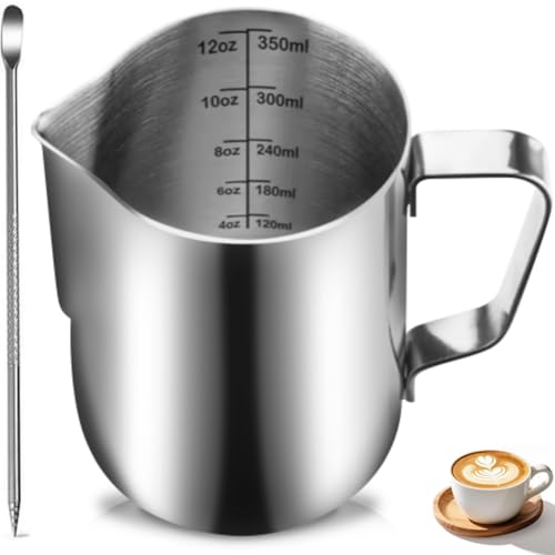 Listado de Jarritas para la leche los preferidos por los clientes. 43 Jarra para Espumar Leche Acero Inoxidable(12oz/350ml),Taza de Jarra de Vapor Exprés,Perfecto para Cafetera Espresso,Taza para Espumar Lechecon con Barista Pen/Latte Art Pen,Plata