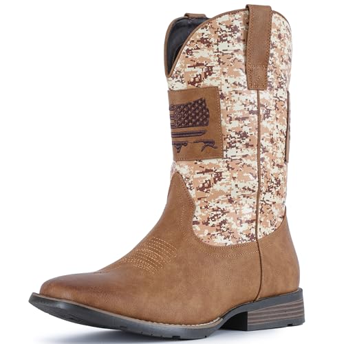 IUV Cowboy Boots For Men Square Toe Western Boot Durable Classic Fashionable Embroidered Pull On Slip Resistant Boots