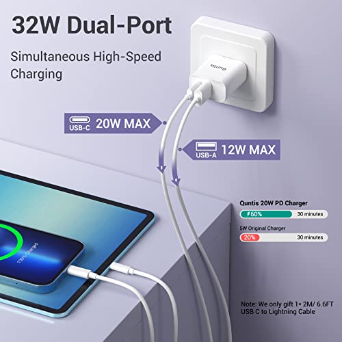 Quntis 32W Fast Charger iPhone [MFi Certified], High Speed iPhone Charger Dual Ports (PD 20W+12W), USB A and USB C Wall Charger with 6 FT USB C to Lightning Cable for iPhone 14 Pro Max 13 12 11 X iPad