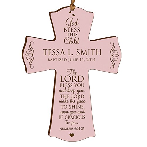 Image of LifeSong Milestones Personalized Baptism 1st Holy Communion Christening Wall Cross Decoration God Bless This Child the Lord Bless You and Keeps You (4.5 inch x 6 inch, Pink)