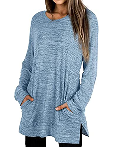 WXDSNH T-Shirt Femme Mi-Long Fente Haut Col Rond Manches Longues Poche Sweat Ample