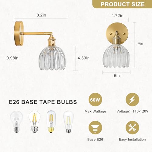 Image of Wall Sconces Set of Two Hardwired, Vintage Sconce Light with Tulip Transparent Glass Lampshade, Bathroom Wall Lights with Switch, Gold Wall Light Sconces Wall Decor Set of 2