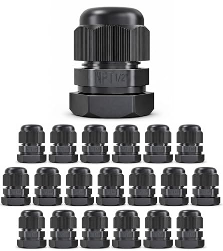 MGI SpeedWare 1/2" NPT Strain Relief Nylon Cord Grip Cable Glands, Black Plastic Grommet 20-Pack