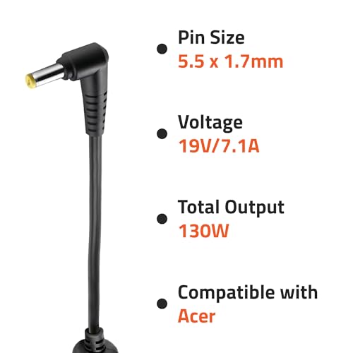 Image of AR1203 130 Watt Laptop Charger /Adapter with Power Cord Compatible with Acer Laptops (19V /7.1A, Pin: 5.5 x 1.7 mm)