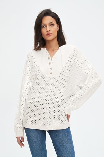 Image of EZAPINE Women's Oversized Crochet Sweater Pullover Drawstring Long Sleeve Button Hollow Out Knit Crochet Top Blouses