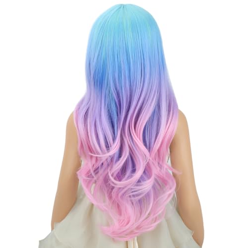 Image of Rainbow Wig for Kids Girls Long Colorful Wavy Curly Wig Children Multi Color Middle Part Wigs Heat Resistant Synthetic Wigs with Cap