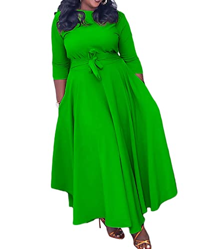 Image of SEMATOMALA Women's A Line Self Tie Waist Maxi Dress Round Neck Long Sleeve High Waist Plus Size Swing Flare Long Dresses