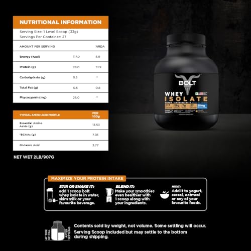Image of Bolt 100% Whey Isolate Powder | 28g Protein Per Scoop, 7G BCAA | Piedmont Chocolate | 27 Servings | 2lb,907G | Muscle Recovery | Lean Muscle Support | Fast Absorption |Gluten-Free | Easy to Digest