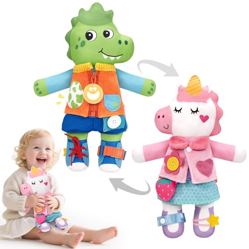 hahaland Montessori Spielzeug ab 1 2 3 4 Jahr Dino-Einhorn Doppelpuppe mit 15 Alltagsfähigkeiten wie Klett Knöpfe Baby Motorikspielzeug als Geschenke für 12 Monate alte Kinder Jungen Mädchen