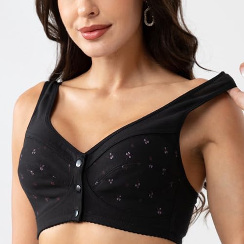 Image of Bras for Women, Charm Front Closure Bras for Women, Comfortable No Underwire Daisy Bra for Older Women Black 34