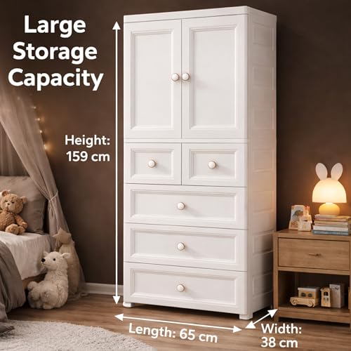 Image of AYSIS Kids Plastic Collapsible Wardrobe Organizer for Storage with Drawers | Cute Cartoon Design | Heavy Duty Cloth Organizer for Storage | Easy to Assemble | Perfect for Kids Room & Home | European