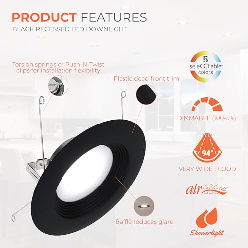 Halo LT 5/6 inch LED recessed Can Light Trim 5CCT dimmable 685lm Black 4PK - image 3