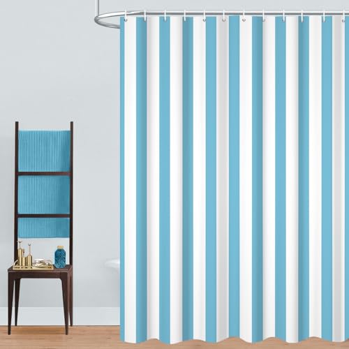 GCIREC Duschvorhang, 180x200cm, Hellblau und Weiß Moderner Minimalismus Vertikale Streifen Wasserdichter Stoff Maschinenwaschbarer Badezimmervorhang mit Haken
