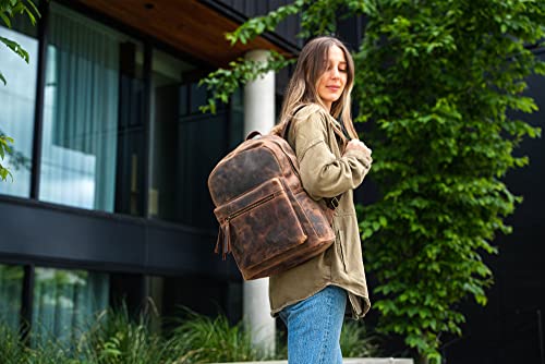 KomalC 17 inch Leather backpack rucksack laptop bag, travel hiking travel shoulder camping bag for women & men
