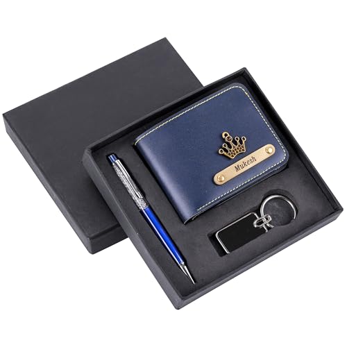 Image of Personalized Name Wallet, Pen & Keychain Combo for Men (Blue) | Customized Mens Wallet Name Engraved with Charm | Custom Gift Set for Birthday, Anniversary, Husband, Boyfriend, Boys