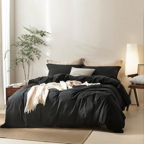 Linen Feel Black Duvet Cover Super King Size 108'' W x 98'' L, 100% Washed Cotton Duvet Cover with Zipper Closure Plus 2 Pillowcases, Oeko TEX Standard Certificated