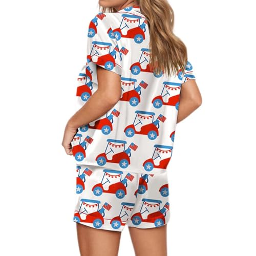Image of RUEWEY Women American Flag Pajamas Set Satin Silk Button Short Sleeve Shirt Shorts 2 Piece Loungewear