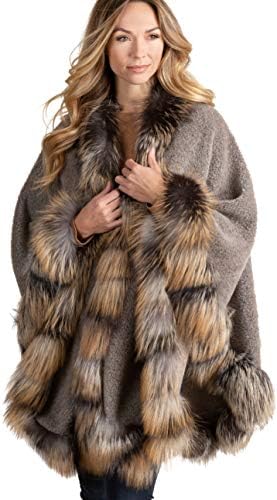 Abigail Alpaca Wool Cape with Cross Fox Fur Trim Grey/Brown