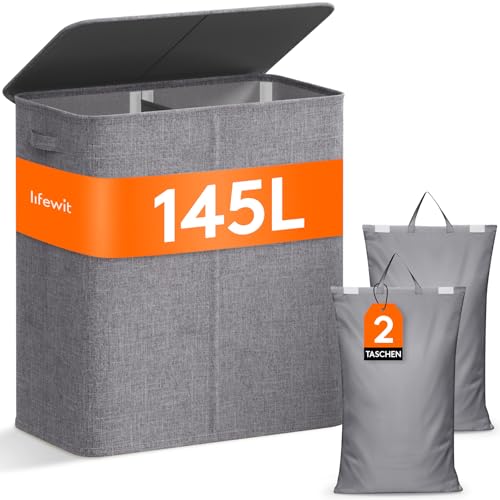 Lifewit 145L Wäschekorb 2 Fächer, Wäschesammler mit Deckel, Wäschekorb Wäschekörbe Groß 2 Abnehmbarem Wäschesack, Laundr...