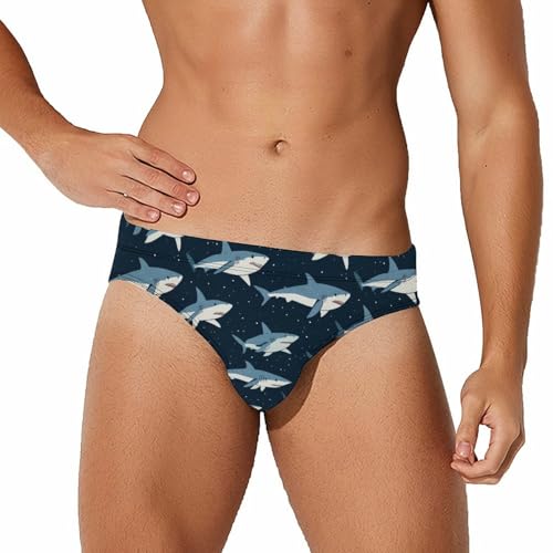 Dark Blue Sharks Men's Swim Brief Sexy Bikini Swimwear Swimsuit Trunks Bathing Suits