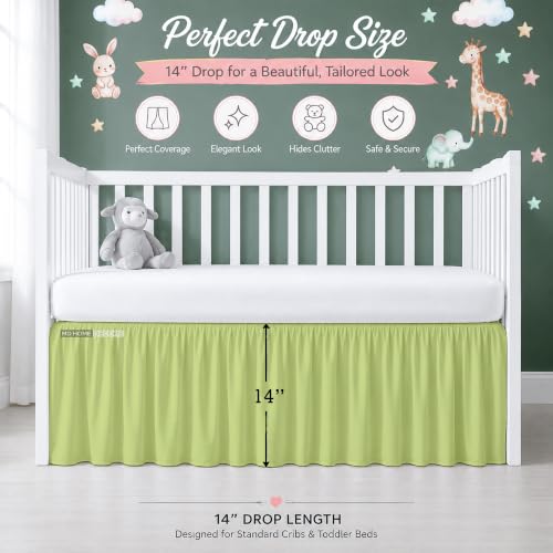 Image of Crib Bed Skirt Dust Ruffle with Split Corners Cotton, 14 inch Drop, Sage | Nursery Standard Crib Bedding Bed Skirt for Baby Boys and Baby Girls. Hides Under-Crib Storage for a Neat Appearance