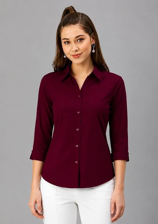 Image of Women's Formal Collared Shirt | Solid Office Wear Button-Up Top | Regular Fit 3 /4 Sleeve Business Shirt for Work & Casual Wear