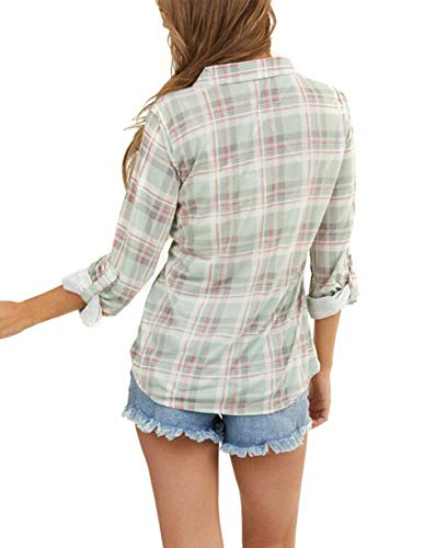 Nuoreel Women's Classic Plaid Shirt Button Down Shirts Roll Up Long Sleeve Cuffed Shirts (Sage And Blush, Medium) #TOP3