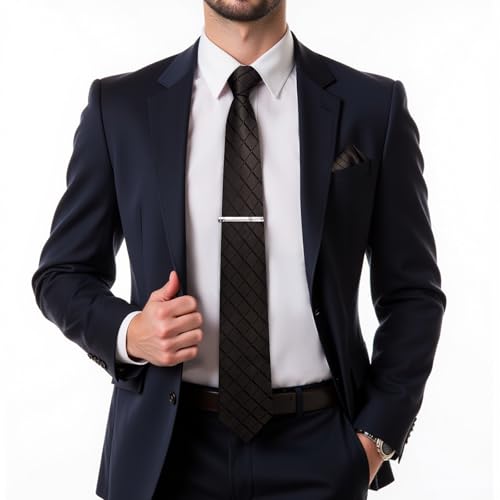 Image of DiBanGu Mens Silk Plaid Tie and Pocket Square Set | Elegant Silk Formal Tie Set, Woven Check Necktie and Cufflinks Tie Clip Set, Perfect for Wedding Party, Comes in Gift Box