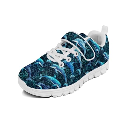 Kids Shoes Little Kid Boys Girls Athletic Running Sports Strap Sneakers for Little Kid/Big Kid White Sole Dolphin Pattern