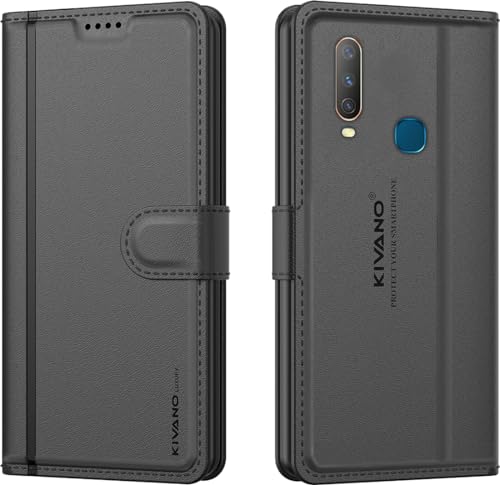 Image of KIVANO LUXE Compatible for Vivo Y17 / Vivo Y15 / Vivo Y12 / Vivo U10 / Vivo Y11 Luxury Handmade Leather Magnetic Flip Folio Case | Card Holder & Kickstand | Slim Protective Cover | Unisex - Black